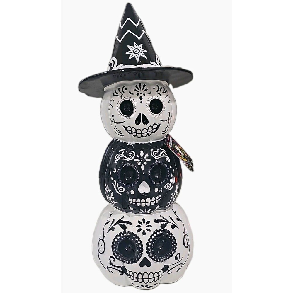 15 inch Day of the Dead Mexican Halloween Pumpkin Skull Figurine w/ Witch Hat